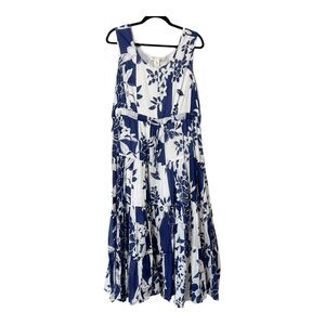 Vasna Desire Women’s Sleeveless Blue White 100% Cotton Tiered Maxi Dress Size 1X